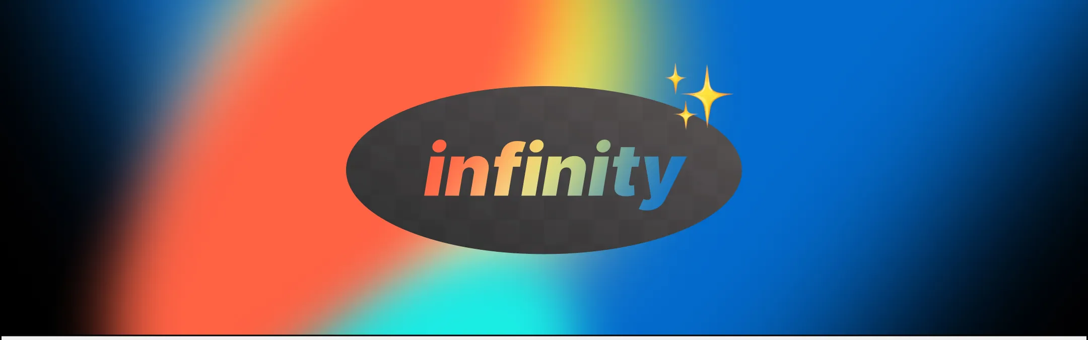 Image with colorful gradients (red, yellow, turquese, blue) with a graphic word: infinity
